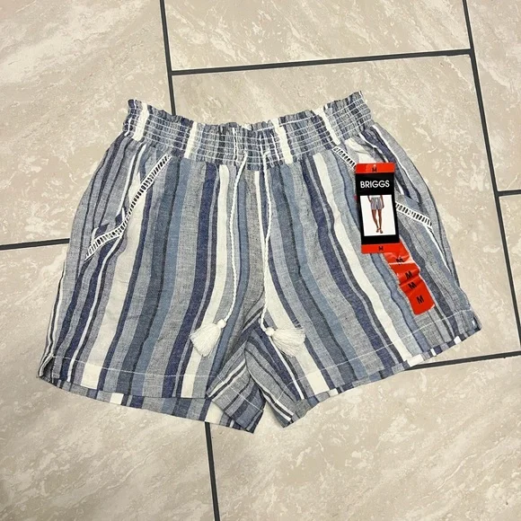 Briggs Women's Linen Blend Pull-On Shorts Medium Blue Stripe Wide Waist Band NWT - Picture 12 of 12